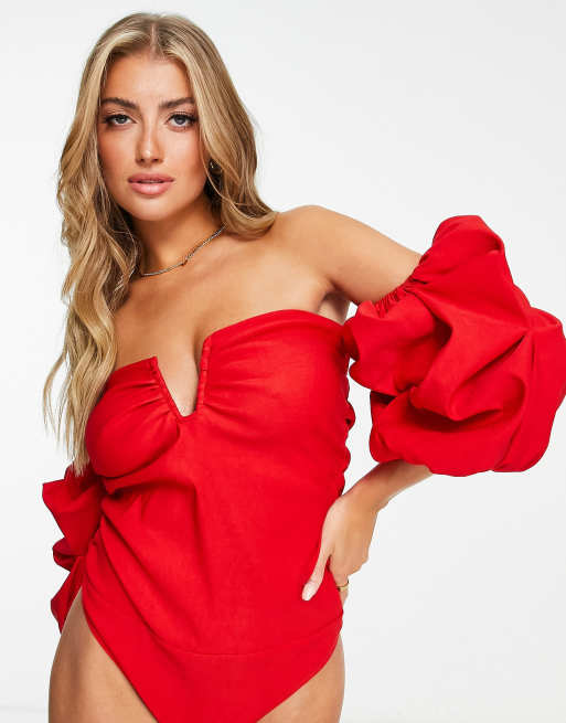 ASOS DESIGN - Poitrines généreuses - Body structuré à manches bouffantes et barre en V - Rouge, 3 de 4