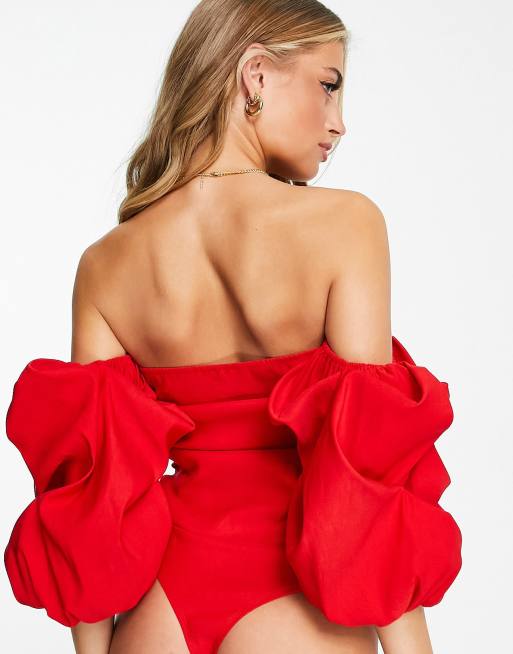 ASOS DESIGN - Poitrines généreuses - Body structuré à manches bouffantes et barre en V - Rouge, 4 de 4