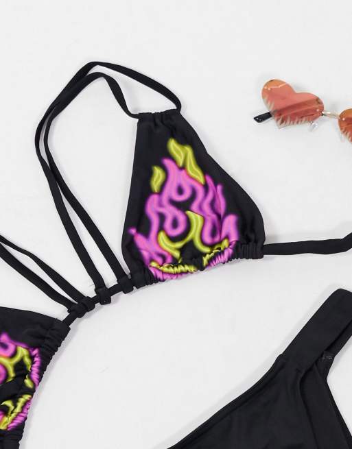 ASOS DESIGN - Poitrines généreuses - Haut de bikini triangle à imprimé flammes fluo pour bonnets E à G - Multicolore