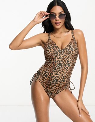 ASOS DESIGN Fuller Bust plunge rib swimsuit with lace up side detail in leopard animal print - ASOS Price Checker