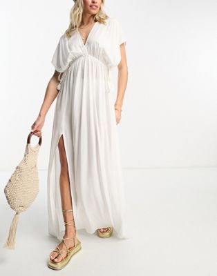 ASOS DESIGN Fuller Bust flutter sleeve maxi beach dress with channelled tie waist in white  - ASOS Price Checker