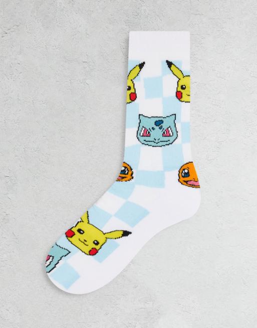 ASOS DESIGN Pokémon character socks in white and blue check