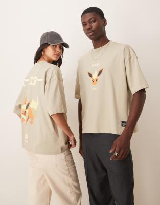 ASOS DESIGN - Pokémon - Kastiges Oversize-T-Shirt in verwaschenem Grau im Unisex-Stil mit Flareon-Print