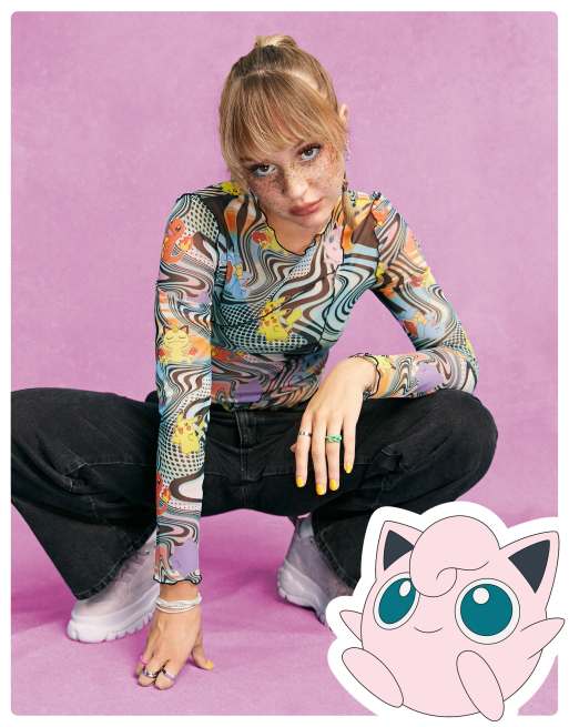 ASOS DESIGN - Pokemon - Mesh top met naaddetail in verwrongen grafische print