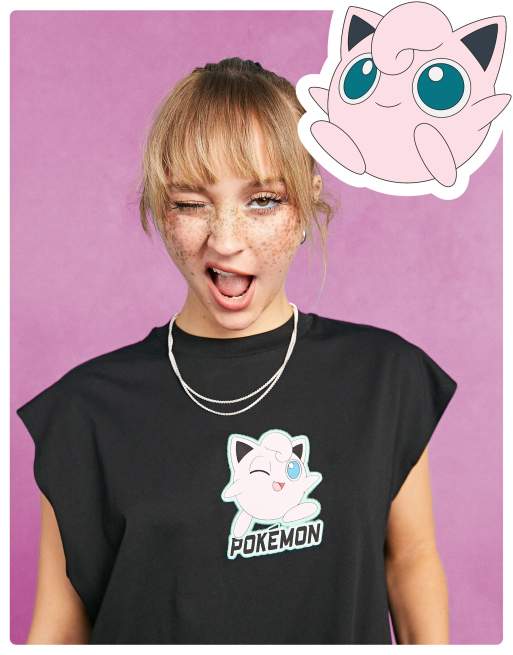 ASOS DESIGN - Pokémon - Oversized tanktop met glitterende, grafische Jigglypuff print in zwart