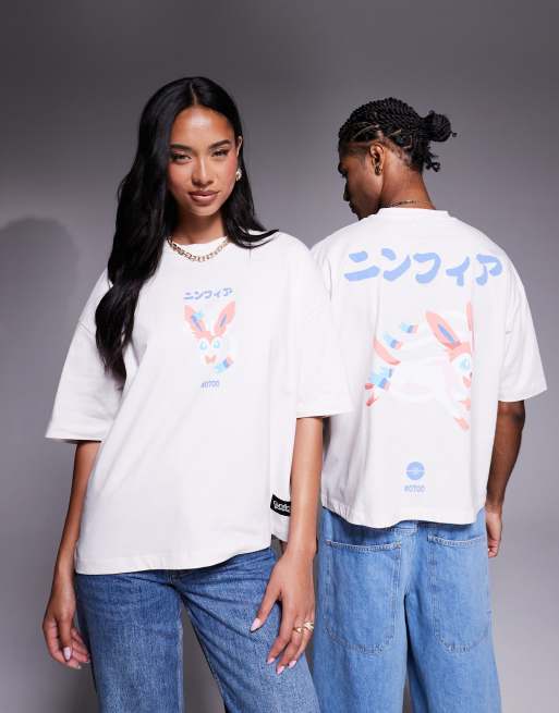 ASOS DESIGN – Pokemon – Różowy T-shirt unisex o fasonie oversize z nadrukiem Sylveona
