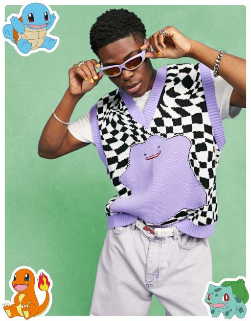 ASOS DESIGN – Pokémon – Strickpullunder in Flieder mit <em>Ditto</em>-Motiv und Schachbrettmuster