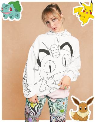 ASOS DESIGN - Pokémon - Sweat à capuche oversize imprimé à coutures apparentes - Blanc