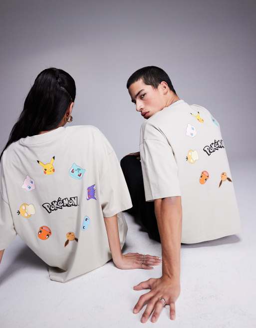 ASOS DESIGN Pokemon unisex boxy oversized T-shirt with multiple character  print in beige