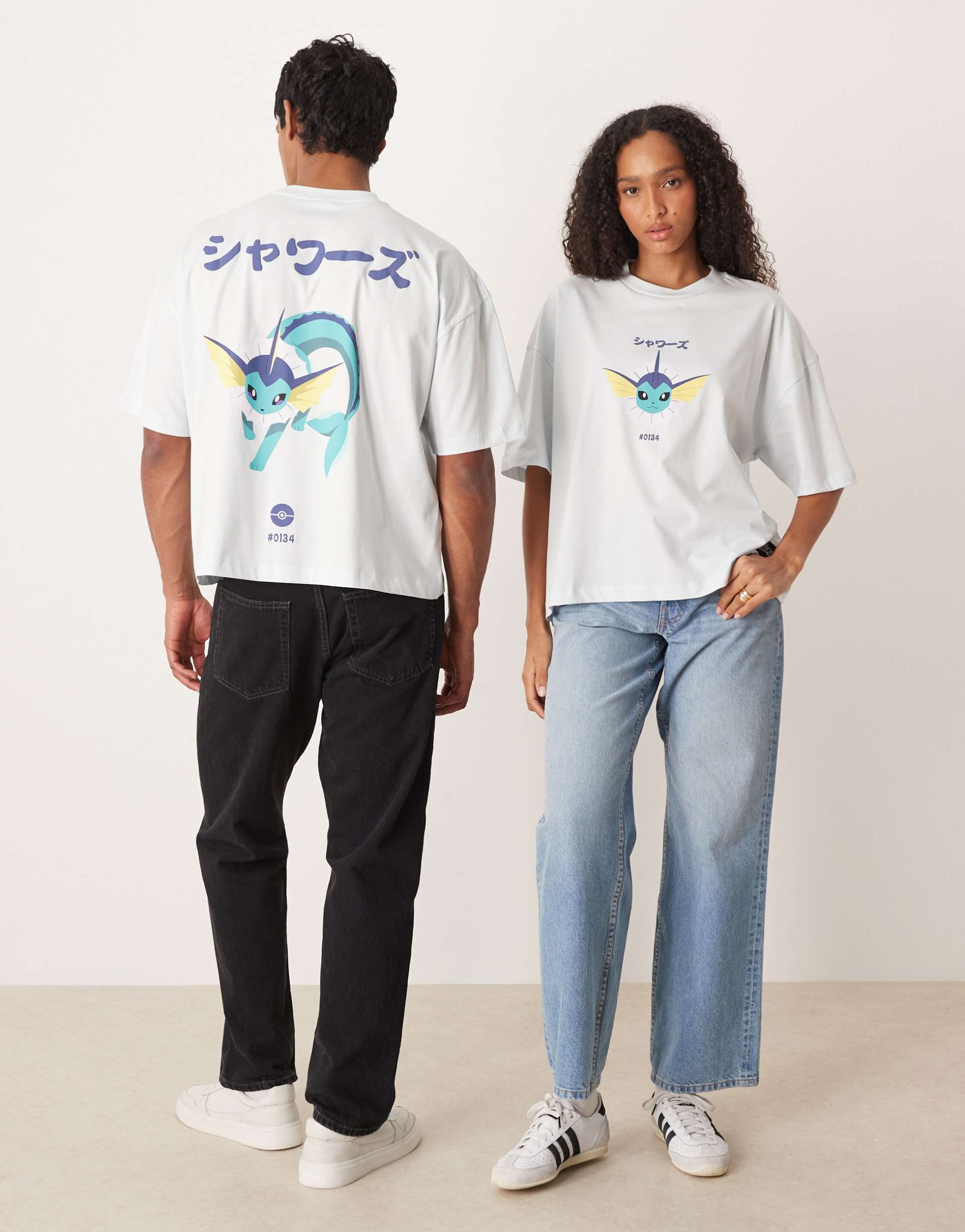 asos design pokemon unisex boxy oversized t-shirt with vaporeon prints in blue