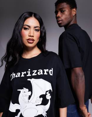 Asos Design Pokemon Unisex Oversized T-shirt With Charizard Prints In Black