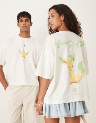 Asos Design Pokemon Unisex Oversized T-shirt With Leafeon Prints In White