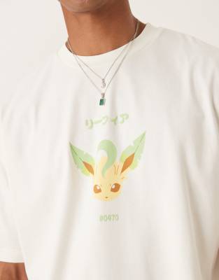 Asos Design Pokemon Unisex Oversized T-shirt With Leafeon Prints In White