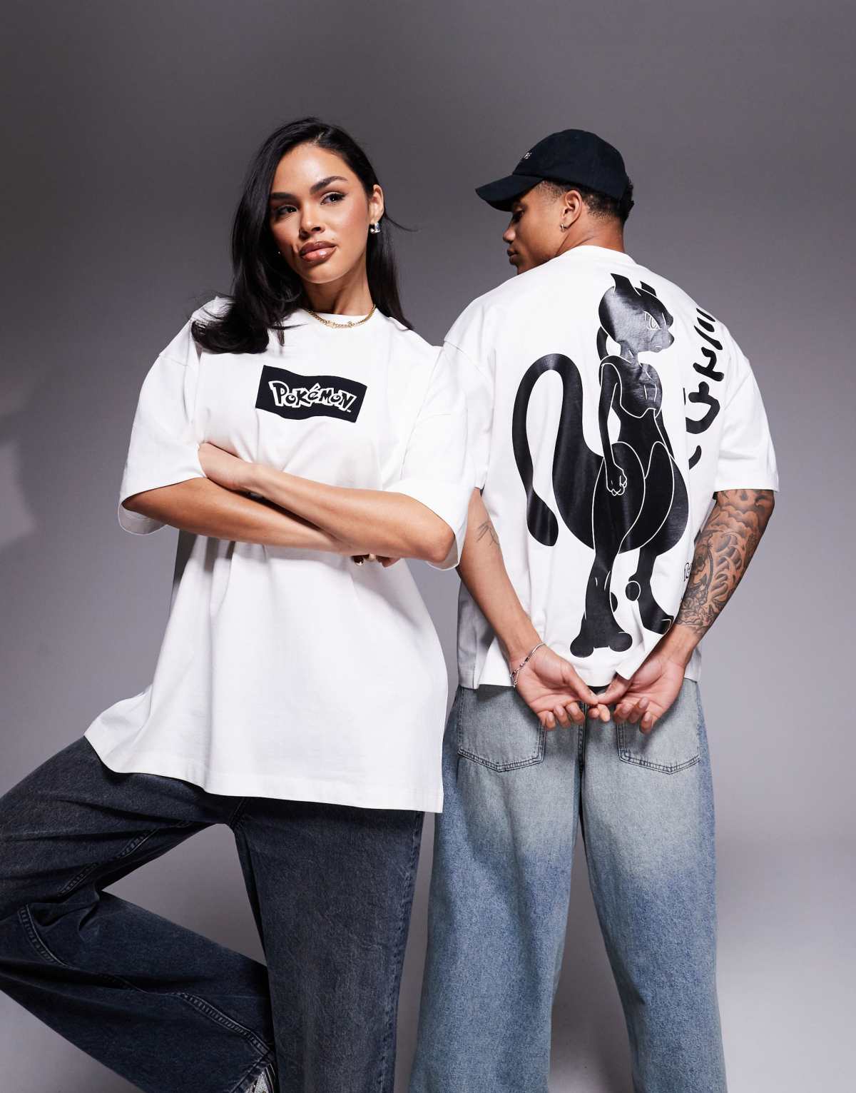 ASOS DESIGN Pokemon unisex oversized t-shirt with Mewtwo prints in off white