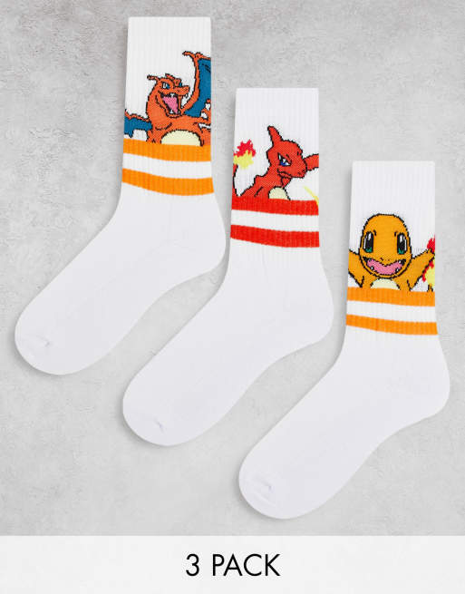 ASOS DESIGN – Pokemon – Vita sportstrumpor med Charmander Evolution-tryck, 3-pack