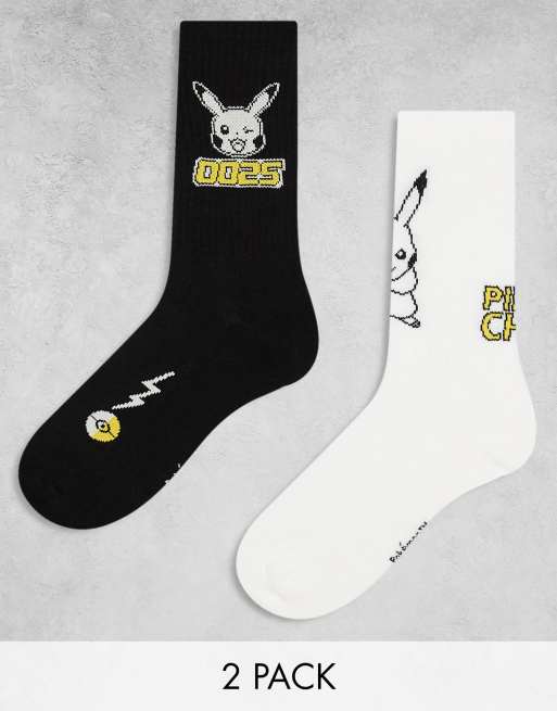 ASOS DESIGN – Pokémon – Zestaw 2 par skarpetek w kolorach czarnym i białym z motywem z Pikachu