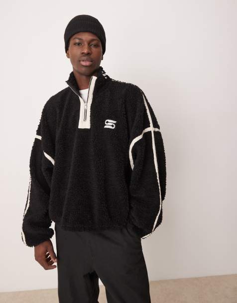 ASOS DESIGN - Polaire coupe carrée ultra oversize en imitation peau de mouton avec broderies et col zippé - Noir - view 1