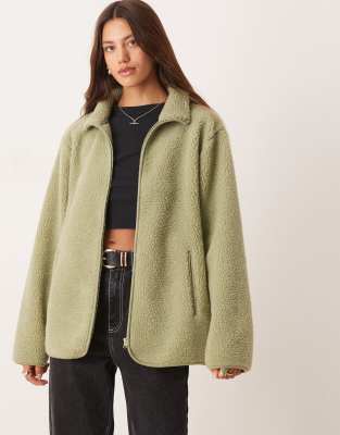 ASOS DESIGN - Polaire en imitation peau de mouton à fermeture éclair - Vert sauge