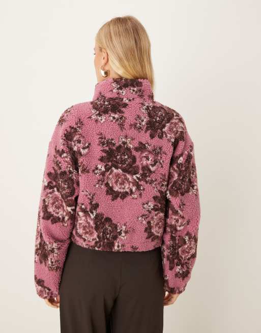 ASOS DESIGN - Polaire imitation peau de mouton à fermeture éclair et ourlet boule avec imprimé fleurs - Rose et prune, 4 de 4
