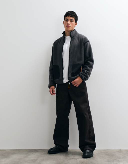 ASOS DESIGN polaire zippée coupe décontractée avec poches en nylon noir, 2 de 5