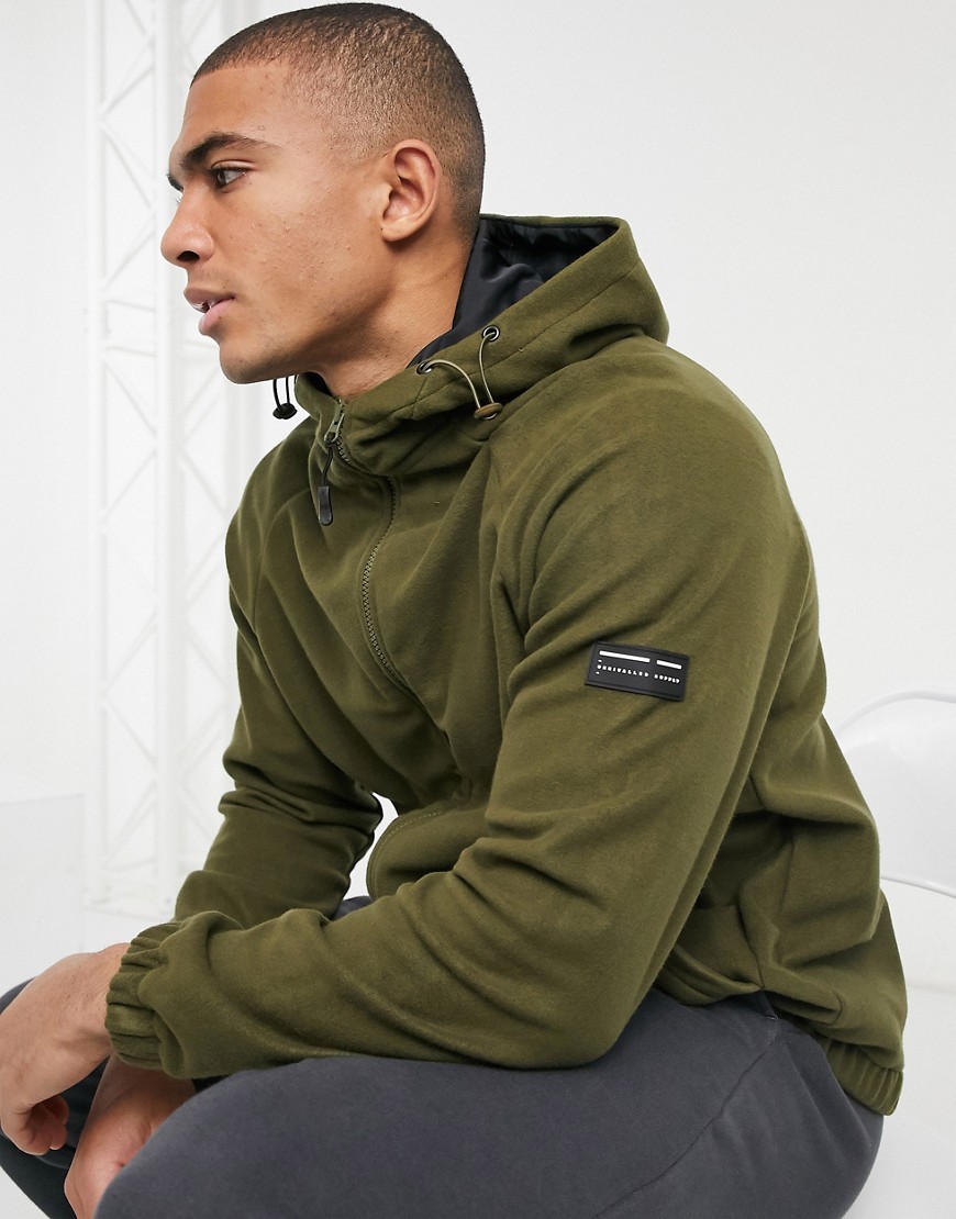 ASOS DESIGN polar fleece zip up hoodie with funnel neck toggle details & badge-Green