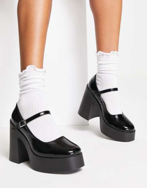ASOS DESIGN - Polar - Mary-Jane Met dikke zool en hoge hak in zwart lakleer