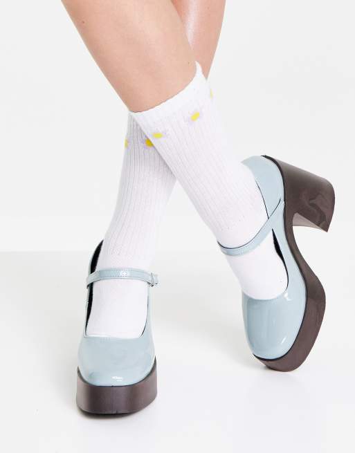ASOS DESIGN - Polar - Mary-Janes met dikke zool en hoge hak in blauw lakleer
