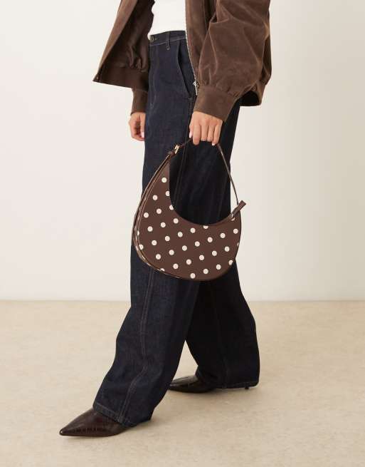 ASOS DESIGN polka dot asymmetric scoop shoulder bag with buckle detail in chocolate, 3 of 4