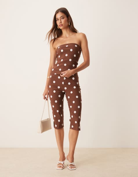ASOS DESIGN polka dot bengaline bandeau and capri pants set in brown - view 1