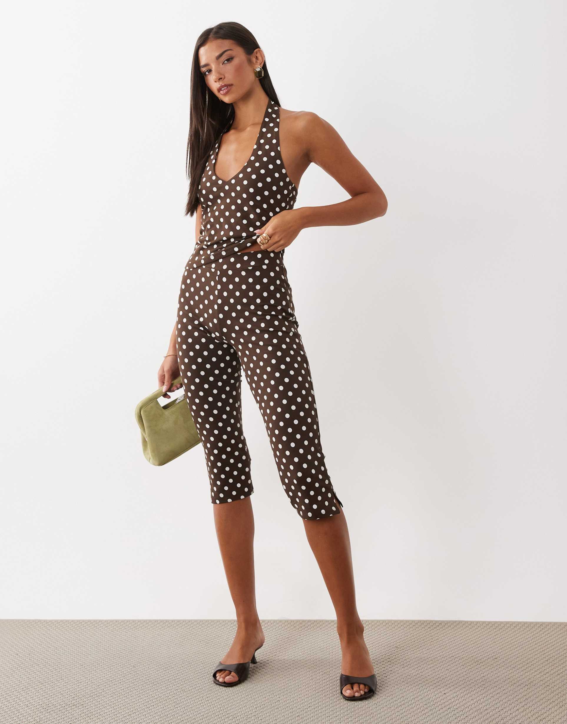 asos design polka dot capris leggings in chocolate - part of a set
