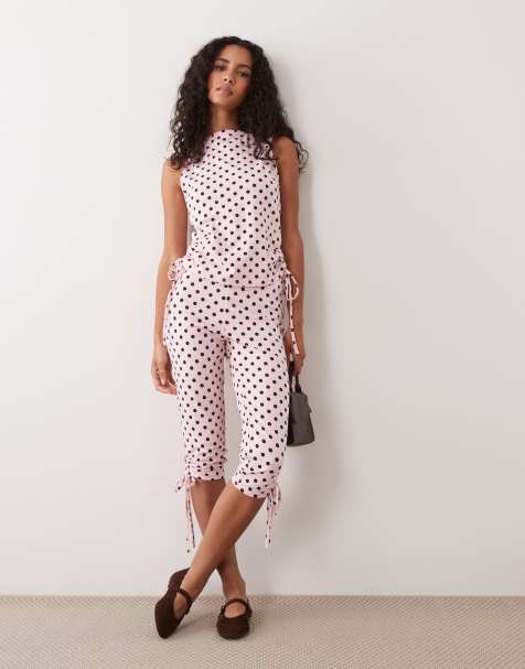 ASOS DESIGN polka dot co-ord boat neck tie side top and capris in pink - view 1