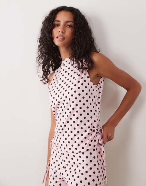 ASOS DESIGN polka dot co-ord boat neck tie side top in pink - view 1
