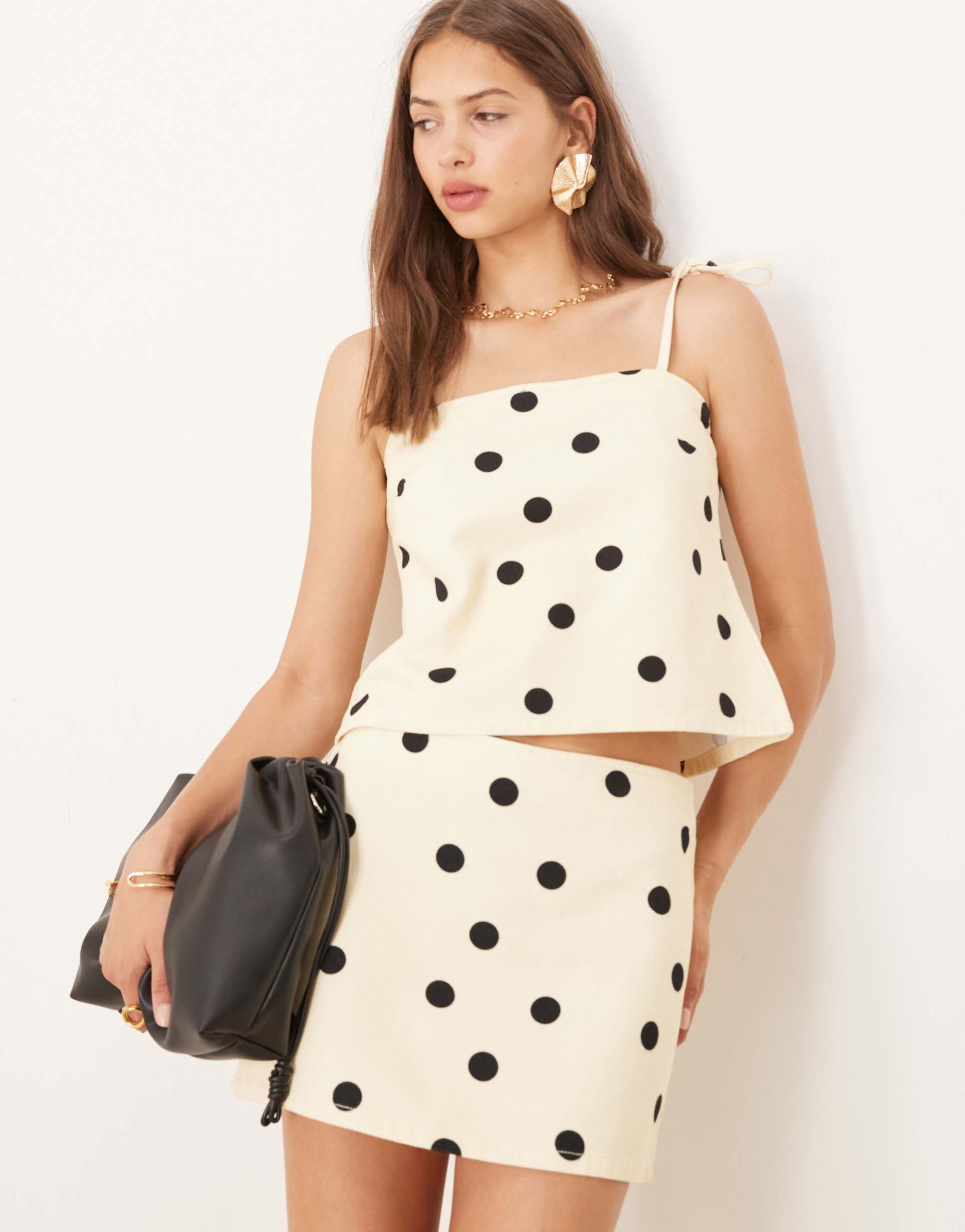 asos design polka dot denim tie shoulder top in butter yellow