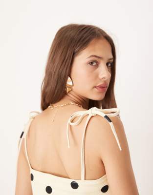 Asos Design Polka Dot Denim Tie Shoulder Top