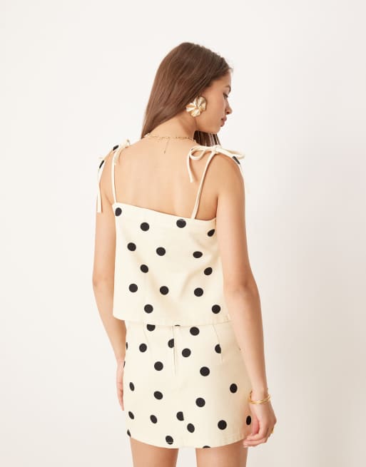 ASOS DESIGN polka dot denim tie shoulder top in butter yellow