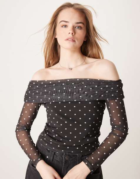 ASOS DESIGN polka dot foldover ruched bardot in black - view 1
