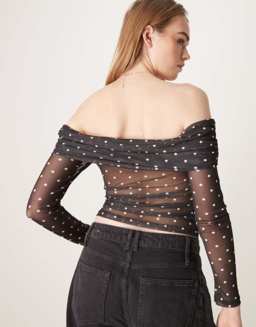 ASOS DESIGN polka dot foldover ruched off the shoulder top