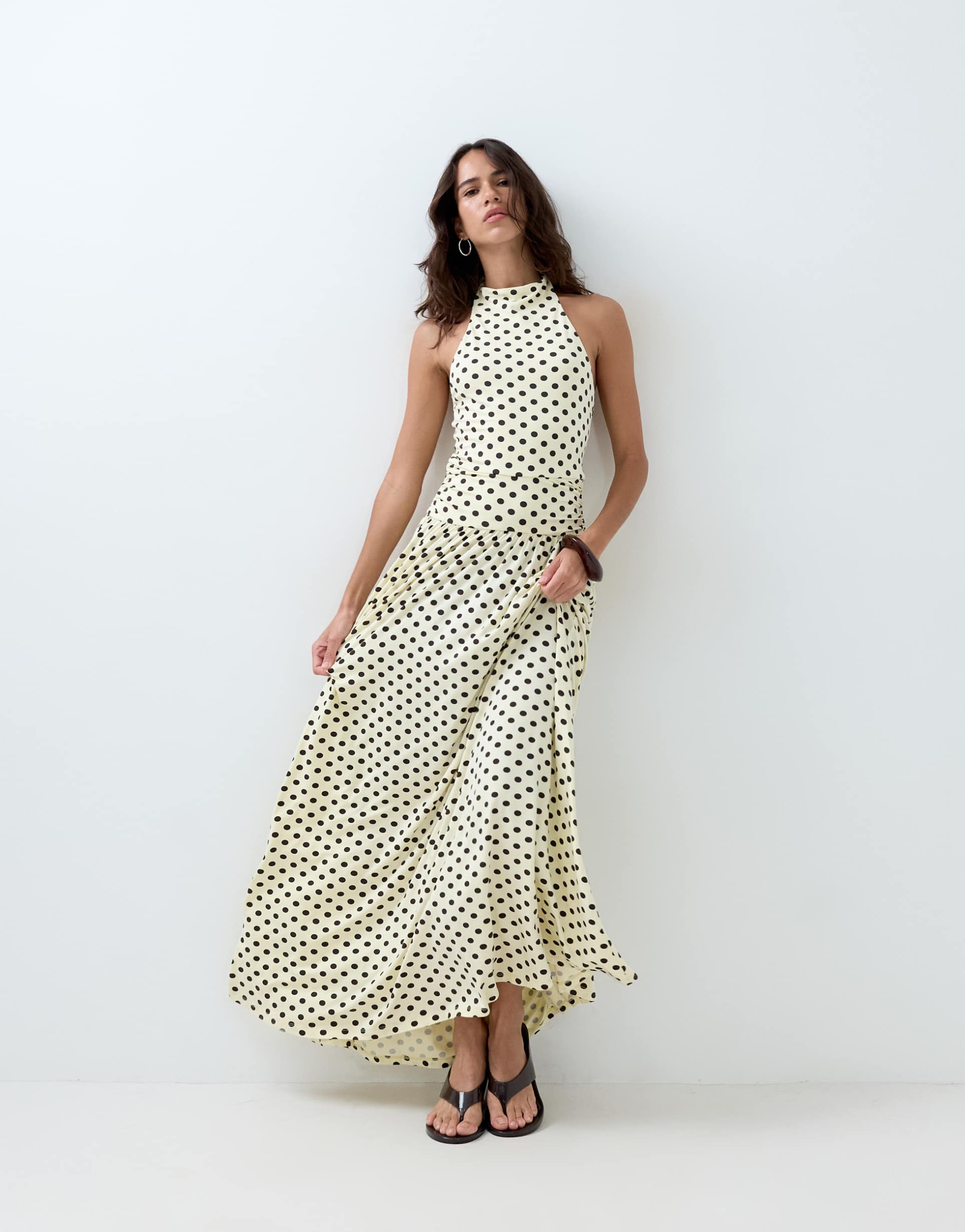 asos design polka dot high neck drop waist midi dress in lemon and brown