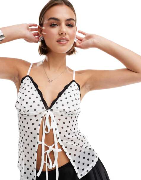 ASOS DESIGN polka dot mesh cami with contrast lace trim in white - view 1