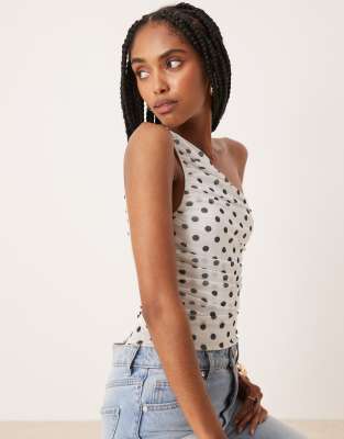 Asos Design Polka Dot Mesh Gathered One Shoulder Bodysuit In White