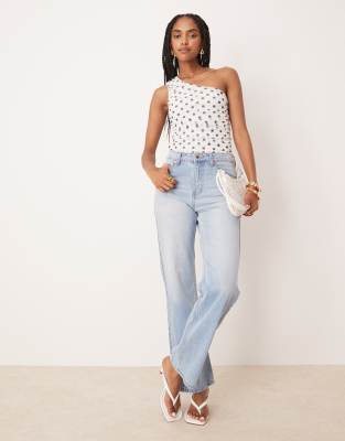 Asos Design Polka Dot Mesh Gathered One Shoulder Bodysuit In White