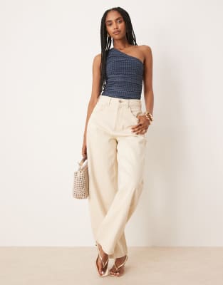 Asos Design Polka Dot Mesh Gathered One Shoulder Bodysuit In Blue