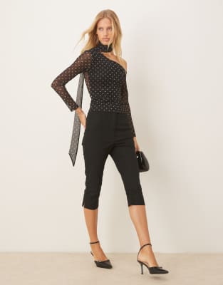 Asos Design Polka Dot Mesh Long Sleeve Asymmetric Top With Scarf Detail In Black