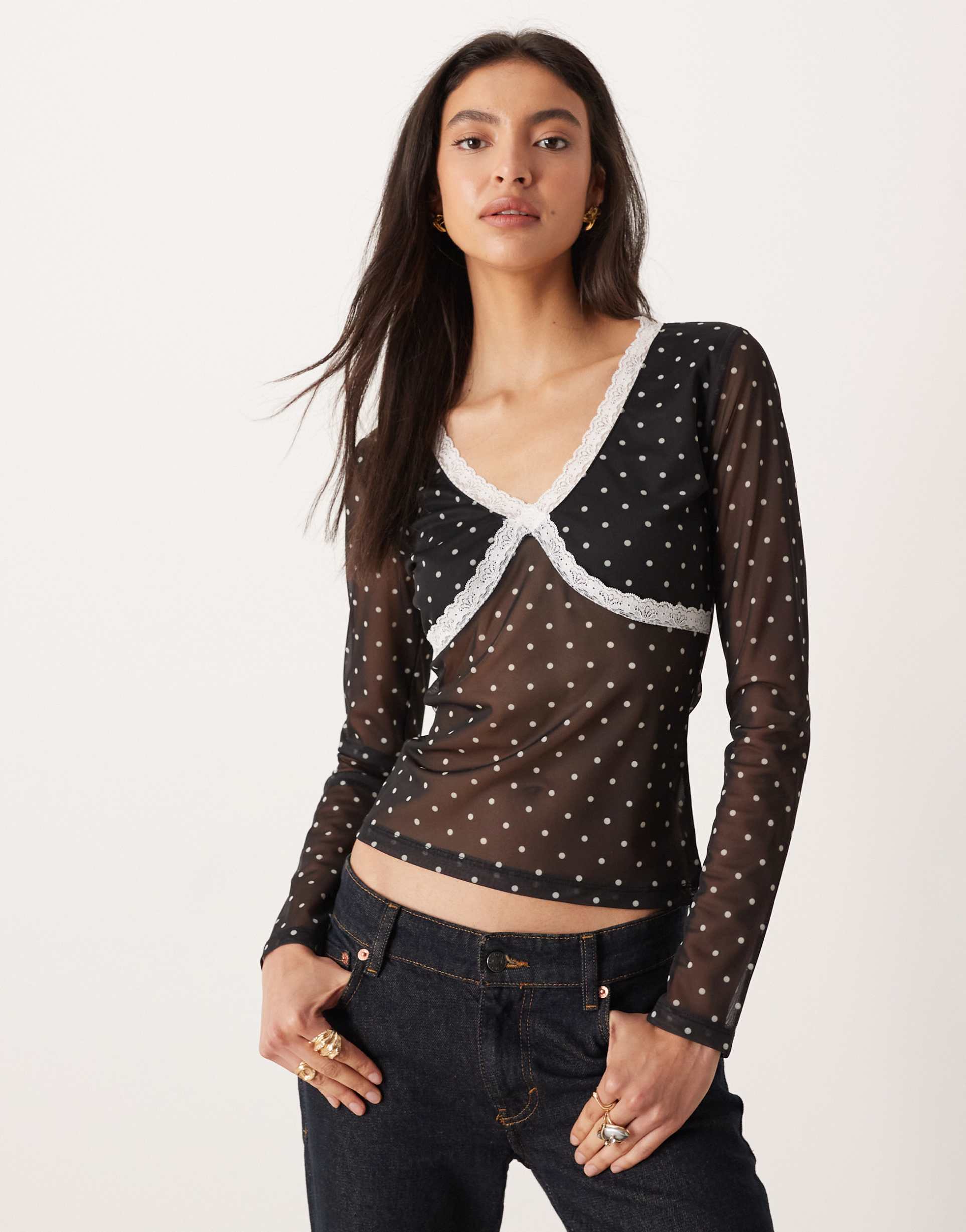 asos design polka dot mesh long sleeve top with lace trim in black
