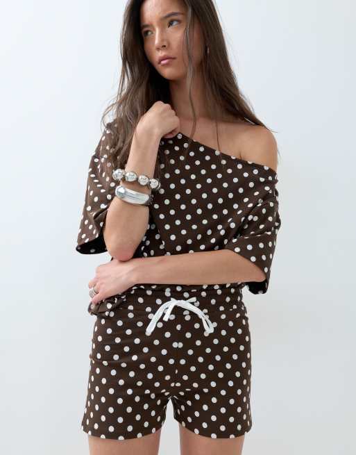 ASOS DESIGN polka dot off shoulder top and micro shorts co-ord in choc, 2 of 3