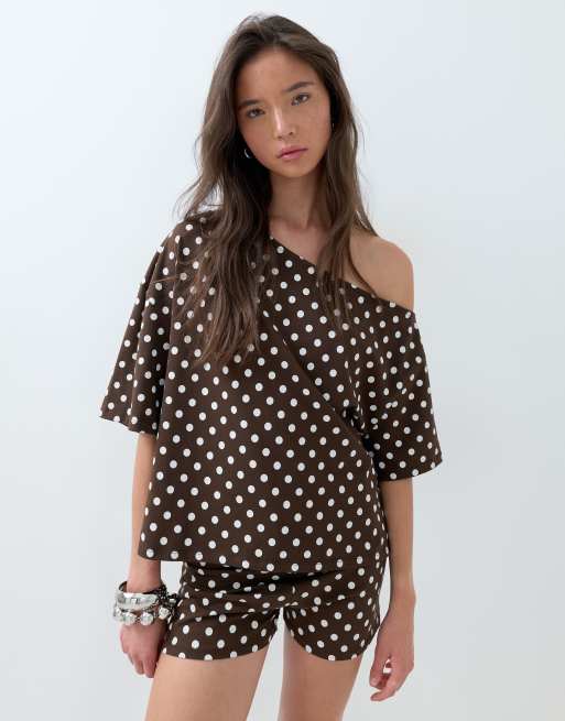 ASOS DESIGN polka dot micro shorts co-ord in choc, 5 of 5