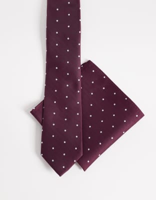 Asos Design Polka Dot Neck Tie And Pocket Square Set In Red