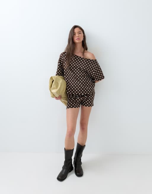 ASOS DESIGN polka dot off shoulder top and micro shorts co-ord in choc, 3 of 3