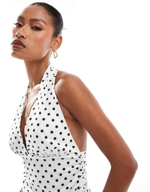 ASOS DESIGN polka dot printed halter top in white