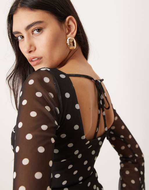 ASOS DESIGN polka dot printed mesh angel sleeve top with open tie back in black